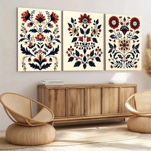 3pcs Red Flowers Nordic Style Scandian Folk Art Wall Art Set Canvas Unframed - High Quality Print 100% Australian Made Wall Canvas