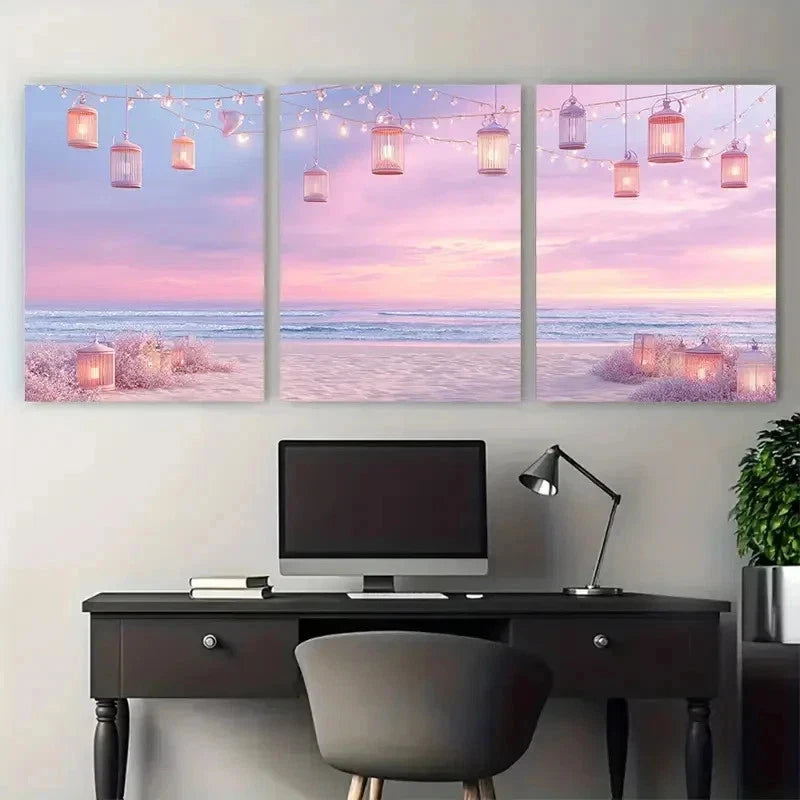 3pcs Beach Backdrop Pastel Dreamy Beach Perfect Wall Art Set Canvas Framed 50x70cm - High Quality Print 100% Australian Made Wall Canvas Ready to Hang - Bella Home Decor