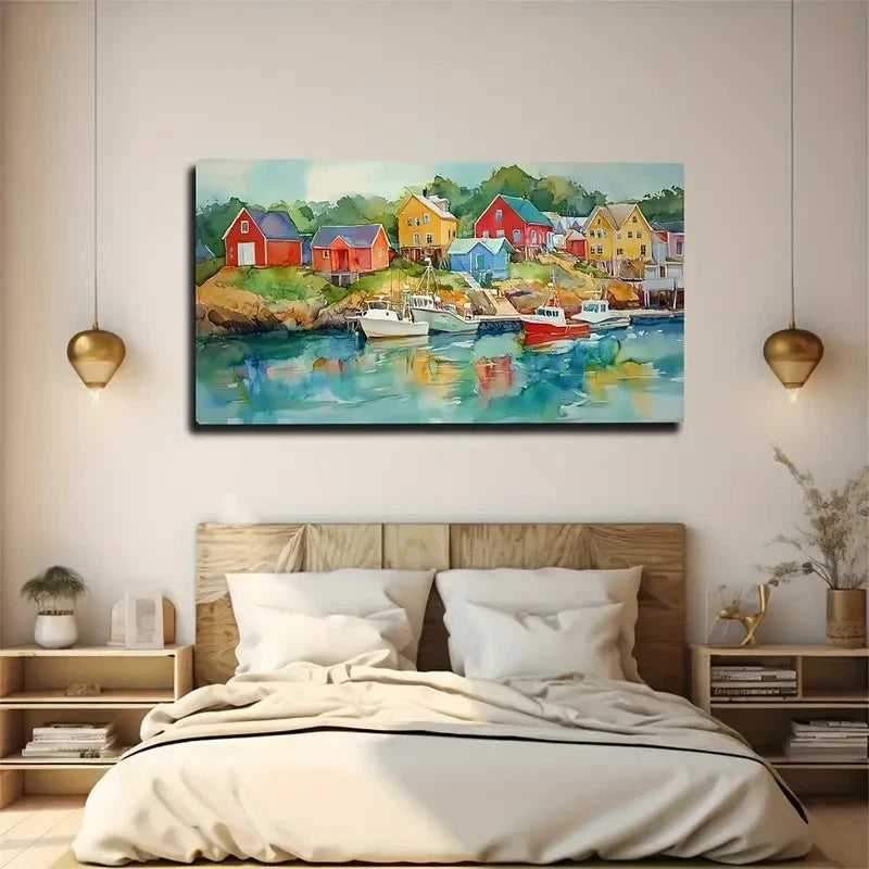 Colorful Houses & Boats Coastal Wall Art Canvas Office Home Room Framed 120x60cm