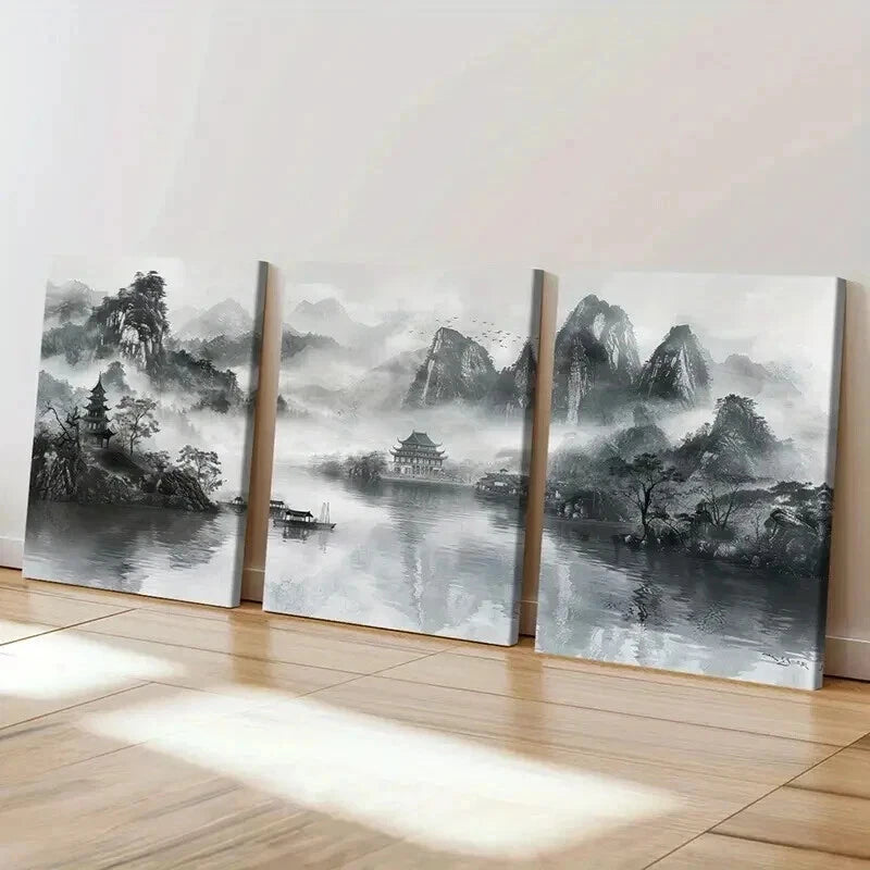 3pcs Black & White Chinese Landscape Wall Art Set Canvas Framed 50x70cm - High Quality Print 100% Australian Made Wall Canvas Ready to Hang - Bella Home Decor