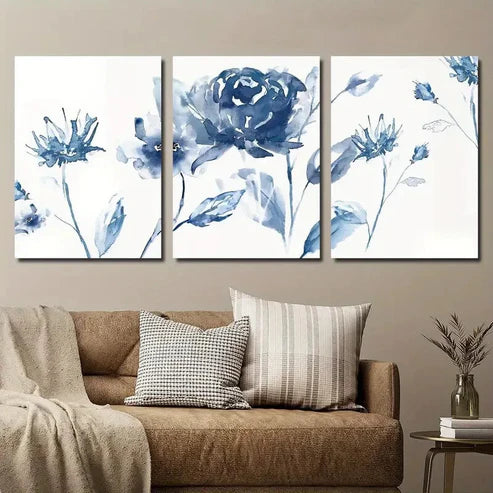 3pcs Elegant and Simple Blue Flowers Wall Art Set Canvas Unframed - High Quality Print 100% Australian Made Wall Canvas