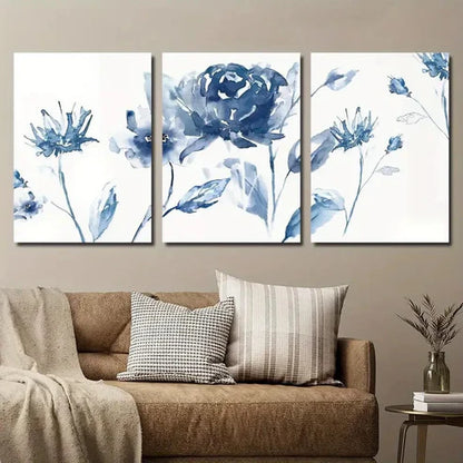 3pcs Elegant and Simple Blue Flowers Wall Art Set Canvas Unframed - High Quality Print 100% Australian Made Wall Canvas