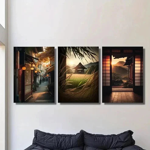 3pcs Japanese Classical Architecture at Sunset Wall Art Canvas Unframed - High Quality Print 100% Australian Made Wall Canvas