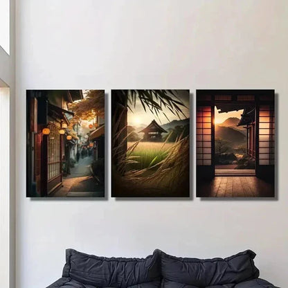 3pcs Japanese Classical Architecture at Sunset Wall Art Canvas Unframed - High Quality Print 100% Australian Made Wall Canvas