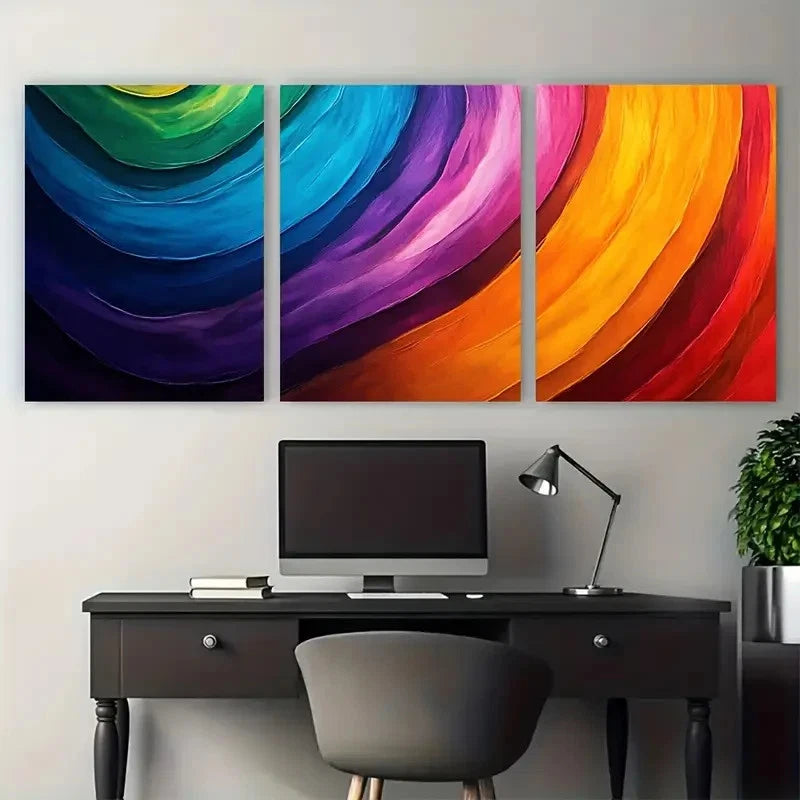 3pcs Vibrant Abstract Rainbow Curved Stripes Wall Art Set Canvas Framed 60x90cm - High Quality Print 100% Australian Made Wall Canvas Ready to Hang