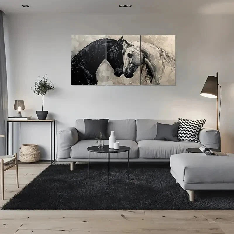 3pcs Modern Abstract Horse Black & White Wall Art Set Canvas Framed 40x60cm - High Quality Print 100% Australian Made Wall Canvas Ready to Hang