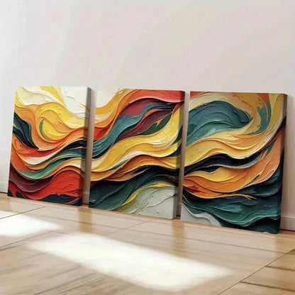 3pcs Swirling Waves in Red Yellow Green & Orange Art Set Canvas Unframed - High Quality Print 100% Australian Made Wall Canvas