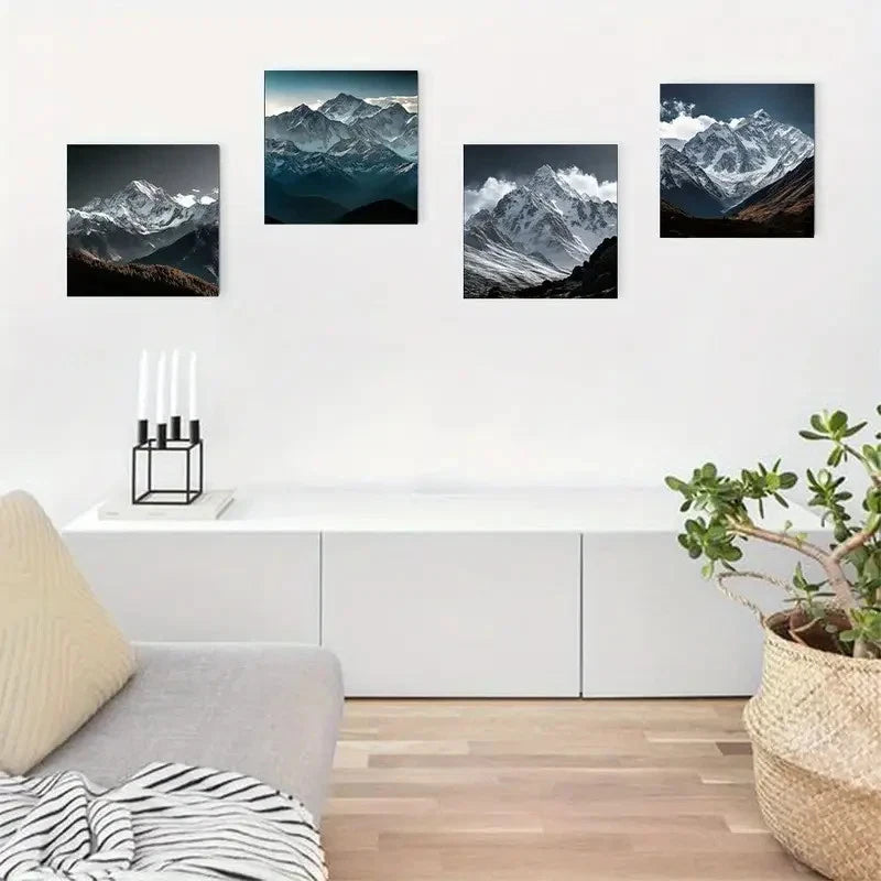 4pcs Black And White Snow Capped Mountain Wall Art Canvas Framed