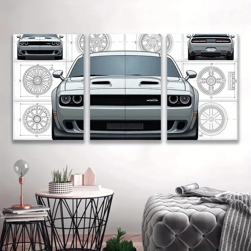 3pcs Classic American Dodge Charger Car  Wall Art Set Canvas Framed 50x70cm - High Quality Print 100% Australian Made Wall Canvas Ready to Hang - Bella Home Decor