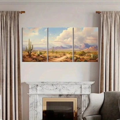3pcs Cactus Mountain Desert Vintage Wall Art Set Canvas Framed 50x70cm - High Quality Print 100% Australian Made Wall Canvas Ready to Hang - Bella Home Decor
