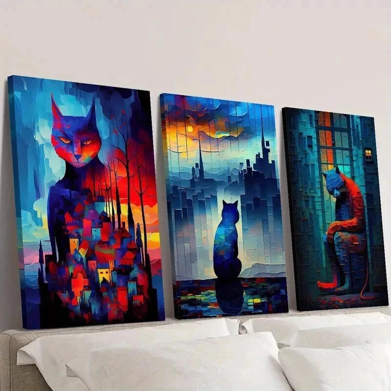 3pcs Lonely Cat Under Fantasy Night Wall Art Set Canvas Framed 50x70cm - High Quality Print 100% Australian Made Wall Canvas Ready to Hang