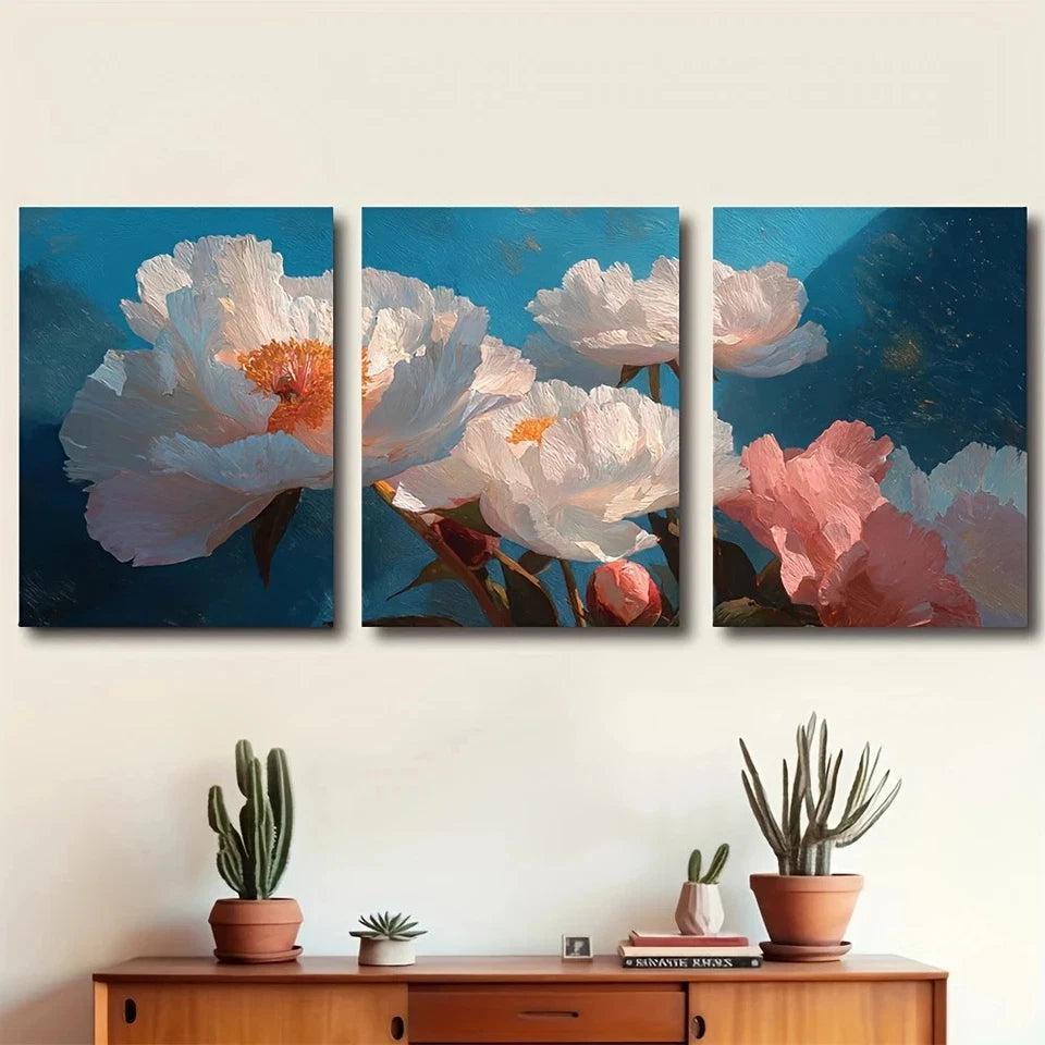 3pcs Elegant Oil Painting Style White Peonies Metal Print Ready to Hang Art