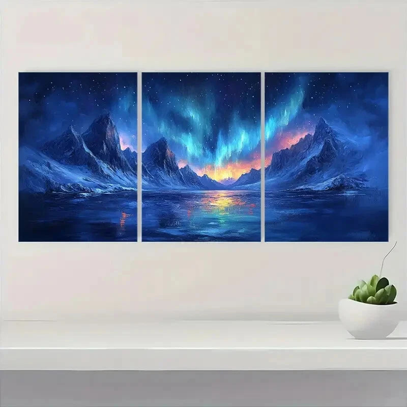 3pcs Aurora Borealis Snowy Mountains & Starry Sky Metal Print Ready to Hang Art - Bella Home Decor