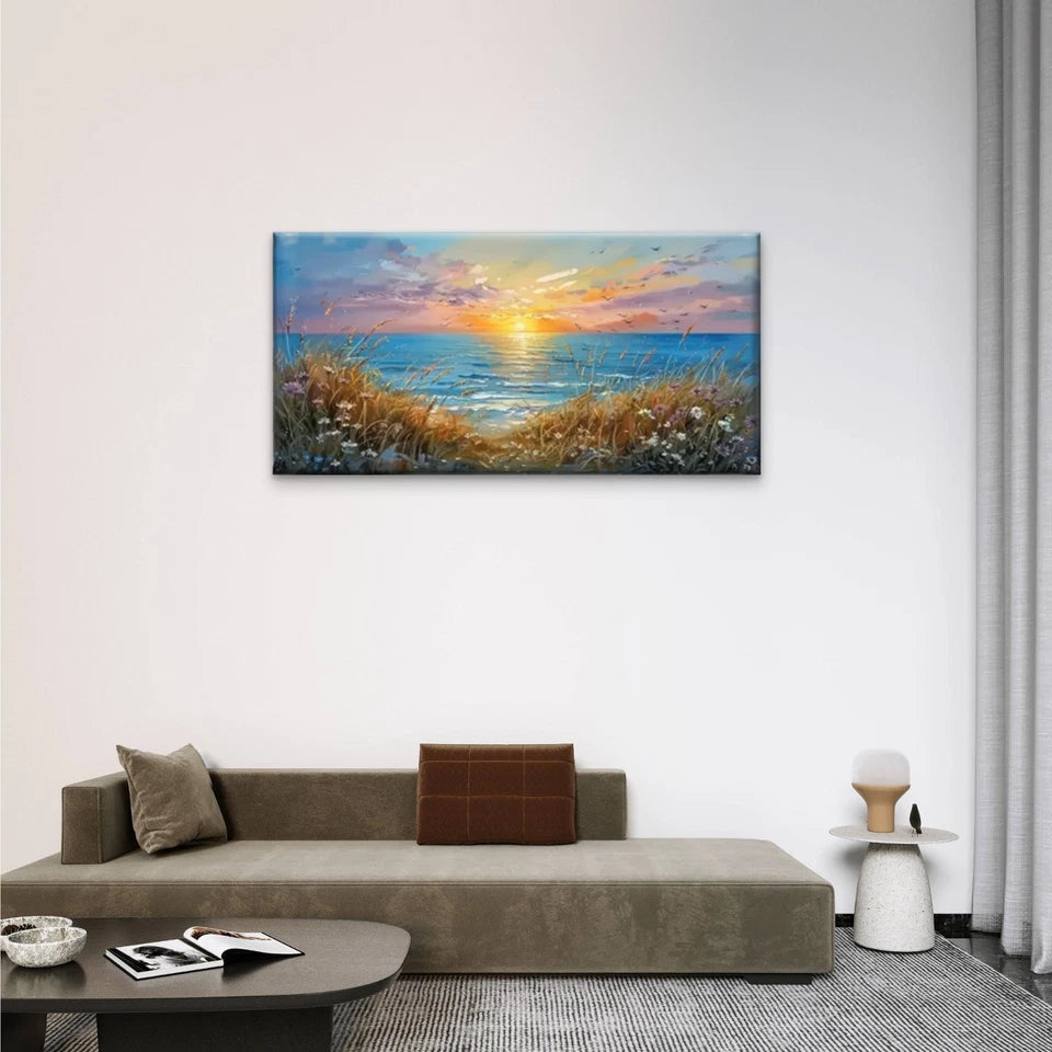 Ocean Sunset Flowers Field Wall Art Canvas Office Home Room Framed 120x60cm