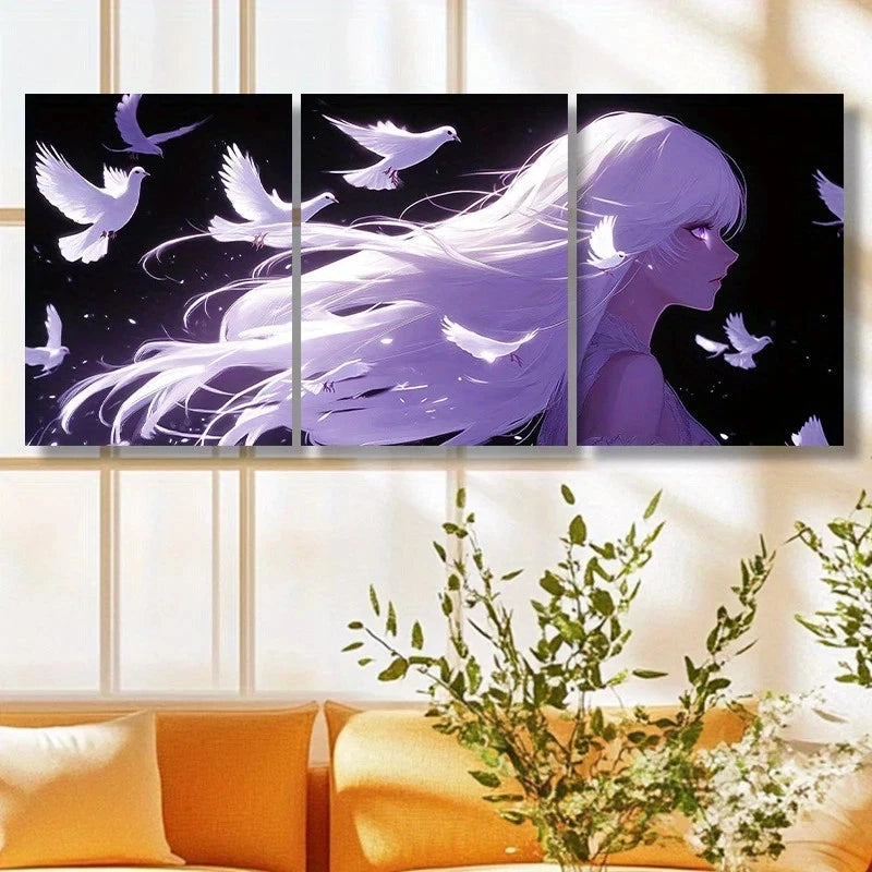 3pcs Purple Figure Flying Birds Metal Print Ready to Hang Art