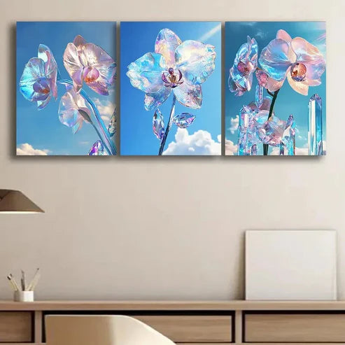3pcs Glass Orchid Glittering Petals Perfect  Wall Art Set Canvas Unframed - High Quality Print 100% Australian Made Wall Canvas - Bella Home Decor