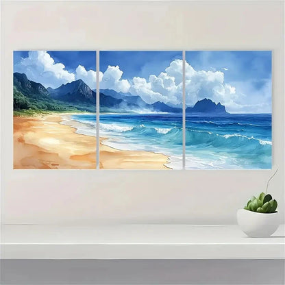 3pcs Vibrant Beach Panoramic Watercolor Landscape Metal Print Ready to Hang Art - Bella Home Decor