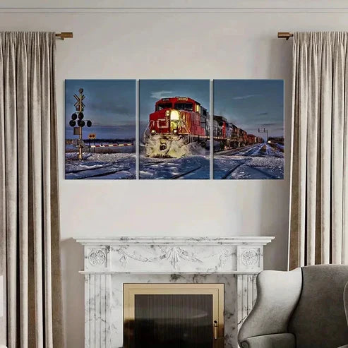3pcs Steam Train with Snowy Landscape Wall Art Canvas Unframed - High Quality Print 100% Australian Made Wall Canvas