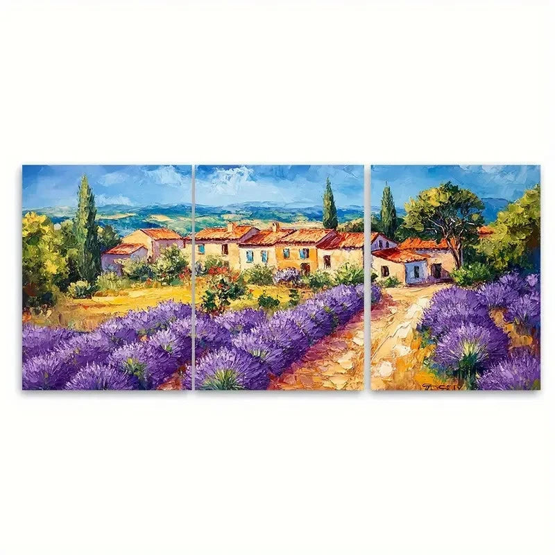 3pcs Provence Houses Lavender   Wall Art Set Canvas Framed 50x70cm - High Quality Print 100% Australian Made Wall Canvas Ready to Hang