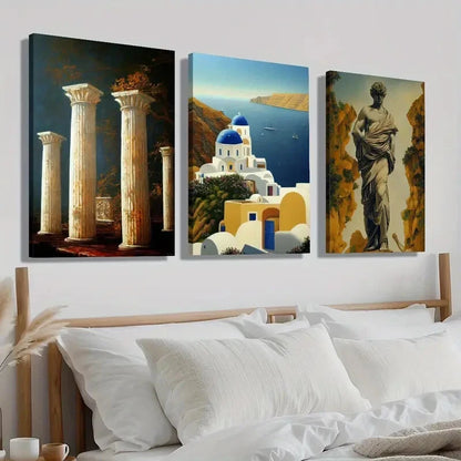 3pcs Santorini Island Landscape Statue Perfect Wall Art Set Canvas Framed 40x60cm - High Quality Print 100% Australian Made Wall Canvas Ready to Hang - Bella Home Decor