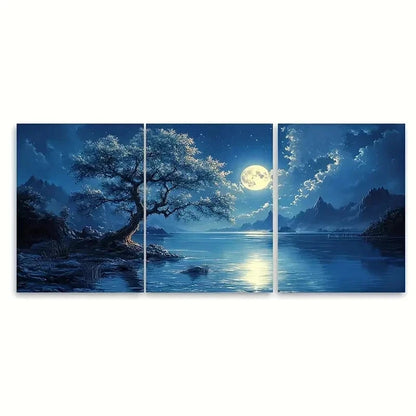 3pcs Blooming Tree & Moonlit Lake IU  Wall Art Set Canvas Framed 40x60cm - High Quality Print 100% Australian Made Wall Canvas Ready to Hang - Bella Home Decor