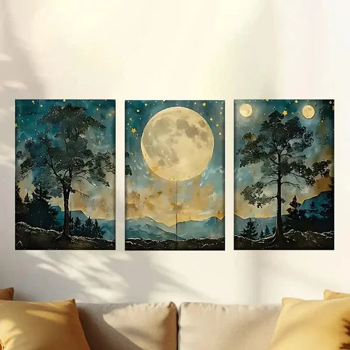 3pcs Full Moon Wall Art Canvas Unframed – High Quality Print 100% Australian Made Wall Canvas - Bella Home Decor