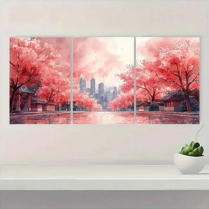 3pcs Sakura Cityscape Cherry Blossom CB Wall Art Set Canvas Unframed - High Quality Print 100% Australian Made Wall Canvas