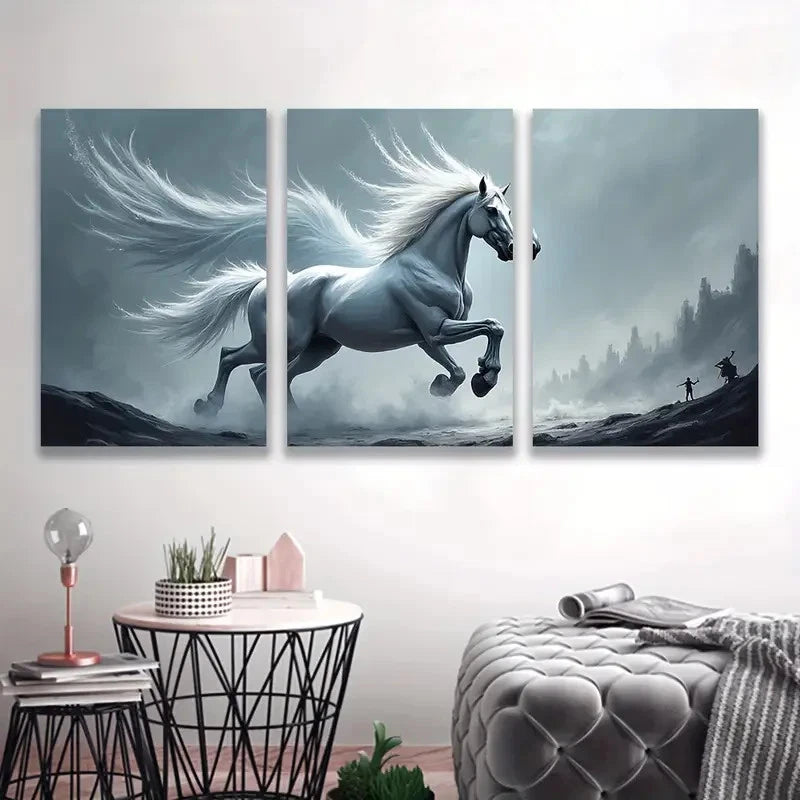 3pcs White Horse Flew By With Wings  Wall Art Set Canvas Framed 60x90cm - High Quality Print 100% Australian Made Wall Canvas Ready to Hang - Bella Home Decor