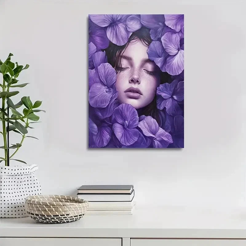 Elegant Purple Floral Design Serene Woman Painting 40x60cm Metal Print Ready to Hang - Bella Home Decor