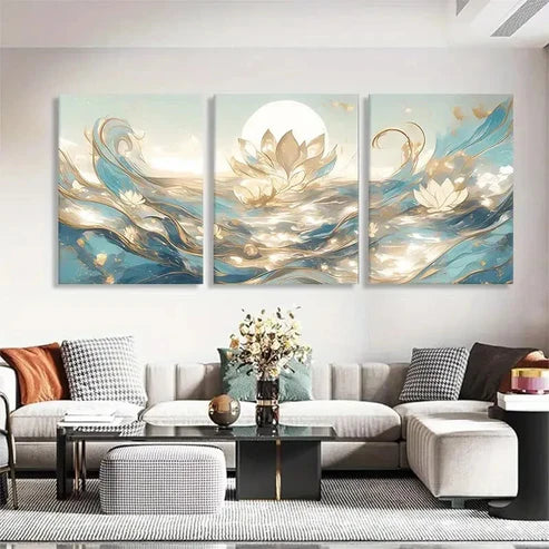 3pcs Elegant Soft Blue and Golden Tones Perfect Wall Art Set Canvas Unframed - High Quality Print 100% Australian Made Wall Canvas