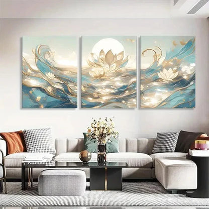 3pcs Elegant Soft Blue and Golden Tones Perfect Wall Art Set Canvas Unframed - High Quality Print 100% Australian Made Wall Canvas