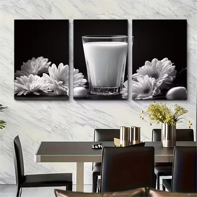 3pcs Black and White Minimalist Glass of Milk Metal Print Ready to Hang Art - Bella Home Decor
