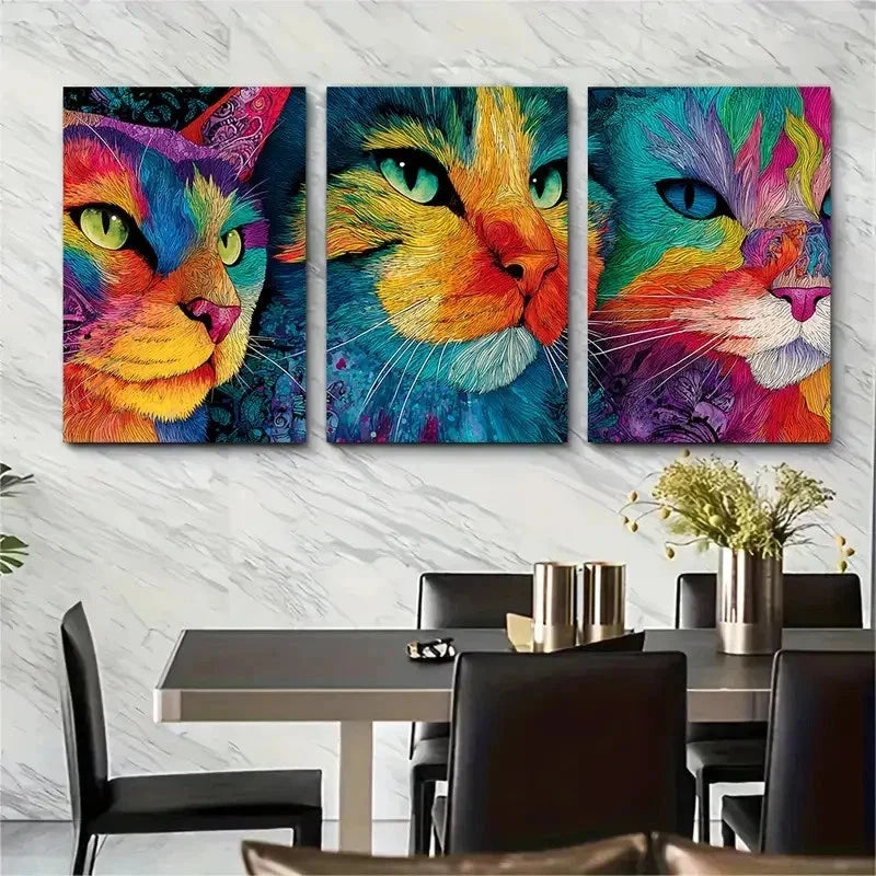 3pcs Colorful Abstract Feline Portraits Perfect Wall Art Set Canvas Framed 50x70cm - High Quality Print 100% Australian Made Wall Canvas Ready to Hang - Bella Home Decor
