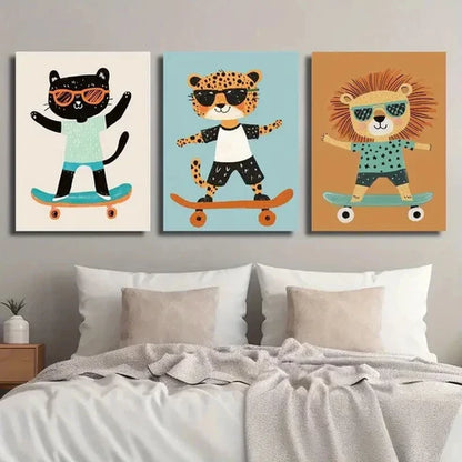 3pcs Funny Cartoon Cheetah Cat Lion Illustration Wall Art Set Canvas Unframed - High Quality Print 100% Australian Made Wall Canvas - Bella Home Decor