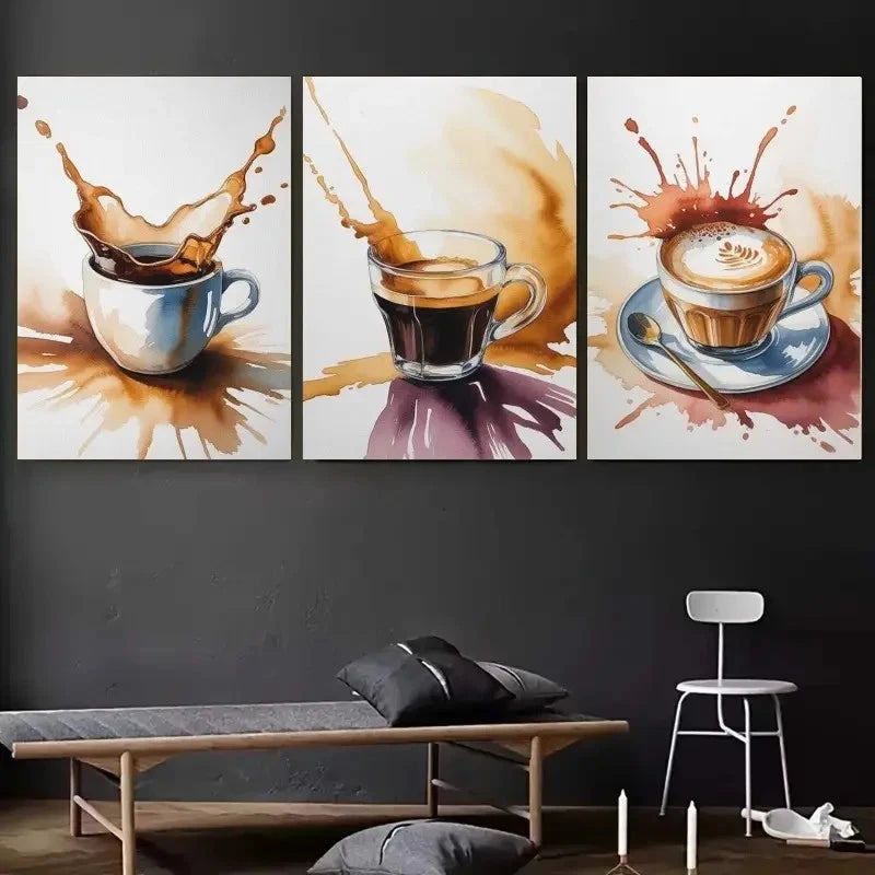 3pcs Coffee Cups Espresso Latte Art Painting Metal Print Ready to Hang Art - Bella Home Decor