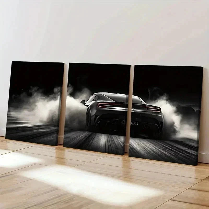 3pcs Black Sports Car Supercar with Smoke Wall Art Set Canvas Framed 50x70cm - High Quality Print 100% Australian Made Wall Canvas Ready to Hang - Bella Home Decor