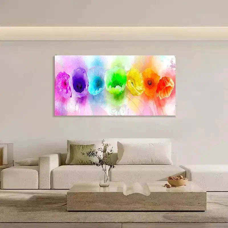Vibrant Blossom Rainbow Poppies Wall Art Canvas Office Home Room Framed 120x60cm - Bella Home Decor