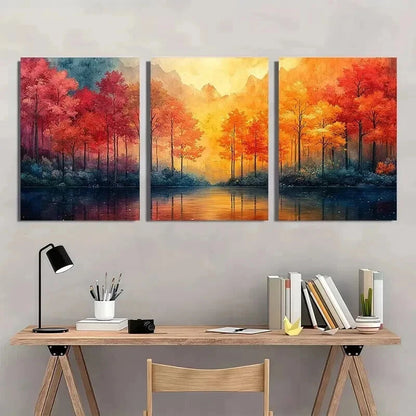 3pcs Lush Red & Orange Trees By A Serene Lake Wall Art Set Canvas Framed 40x60cm - High Quality Print 100% Australian Made Wall Canvas Ready to Hang - Bella Home Decor