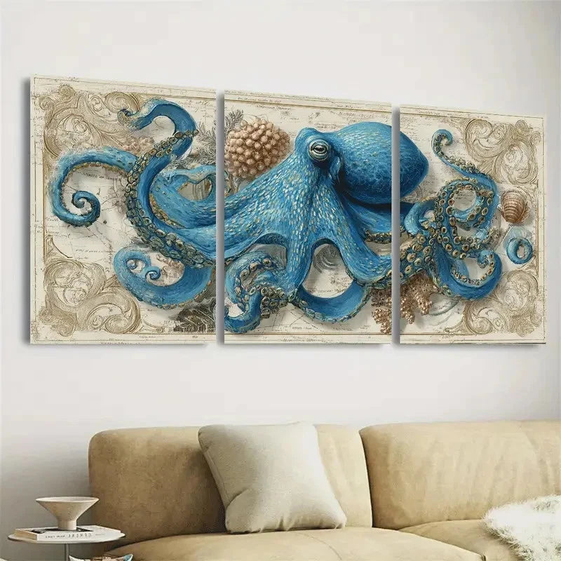 3pcs Blue Octopus Nautical Marine Life Wall Art Set Canvas Framed 50x70cm - High Quality Print 100% Australian Made Wall Canvas Ready to Hang - Bella Home Decor