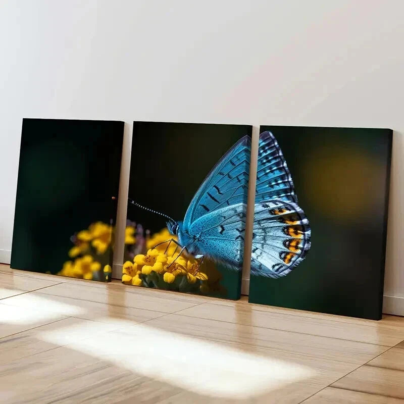 3pcs Vibrant Blue Butterfly with Yellow Flower Wall Art Set Canvas Framed 40x60cm - High Quality Print 100% Australian Made Wall Canvas Ready to Hang - Bella Home Decor