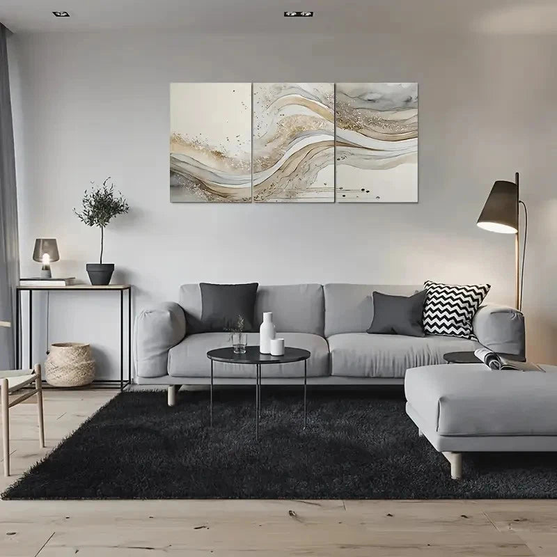 3pcs Golden & White Swirl Design Wall Art Set Canvas Framed 60x90cm - High Quality Print 100% Australian Made Wall Canvas Ready to Hang