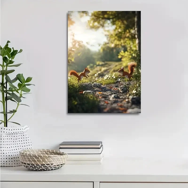 Squirrels Chasing Each Other on Sunny Painting 40x60cm Metal Print Ready to Hang - Bella Home Decor