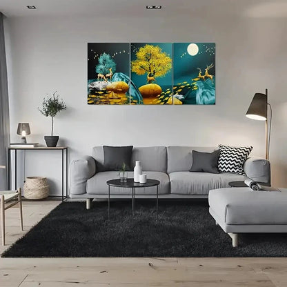 3pcs Golden Blue Deer and Tree Wall Art Set Canvas Framed 60x90cm - High Quality Print 100% Australian Made Wall Canvas Ready to Hang
