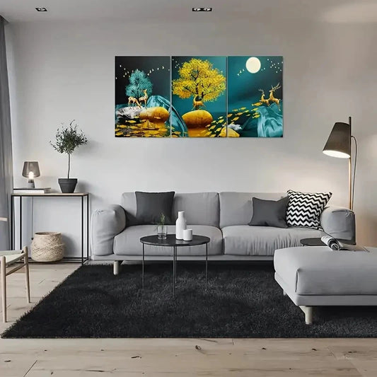 3pcs Golden Blue Deer and Tree Wall Art Set Canvas Framed 60x90cm - High Quality Print 100% Australian Made Wall Canvas Ready to Hang