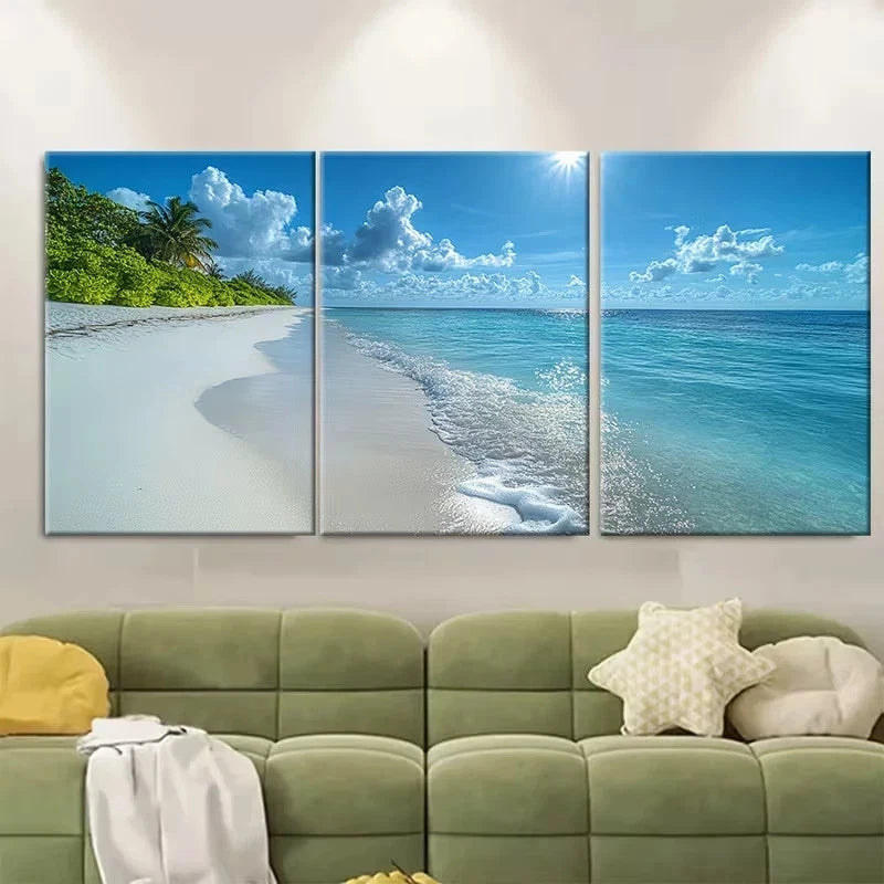 3pcs Soft White Sand, Shimmering Ocean, Sunny Wall Art Set Canvas Framed 40x60cm - High Quality Print 100% Australian Made Wall Canvas Ready to Hang