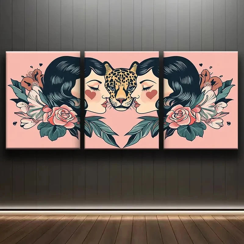 3pcs Leopard and Floral Pattern Wall Art Set Canvas Framed 40x60cm - High Quality Print 100% Australian Made Wall Canvas Ready to Hang