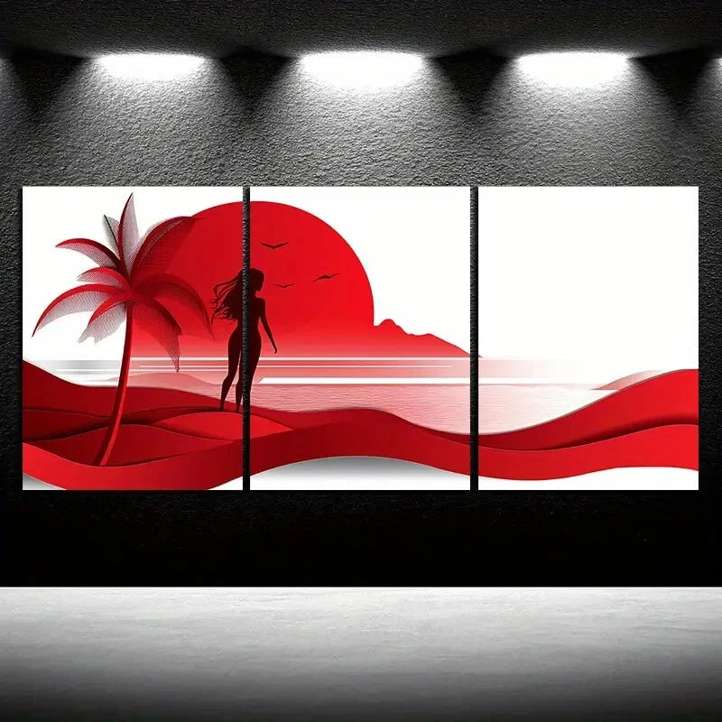 3pcs Red Coconut Trees And Women on The Beach Metal Print Ready to Hang Art - Bella Home Decor