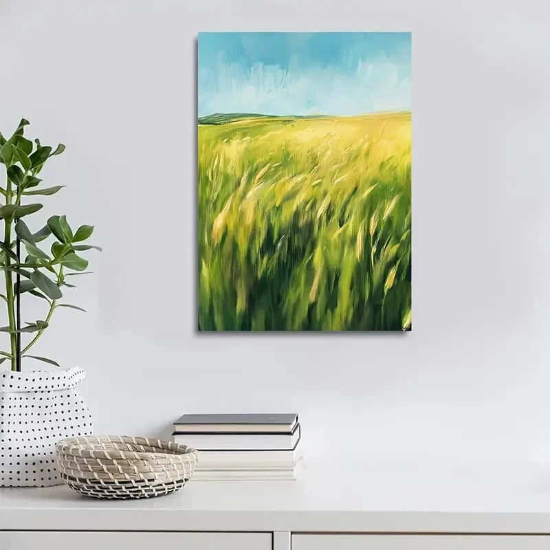 Wheat Field with Blue Sky & Clouds Painting 40x60cm Metal Print Ready to Hang