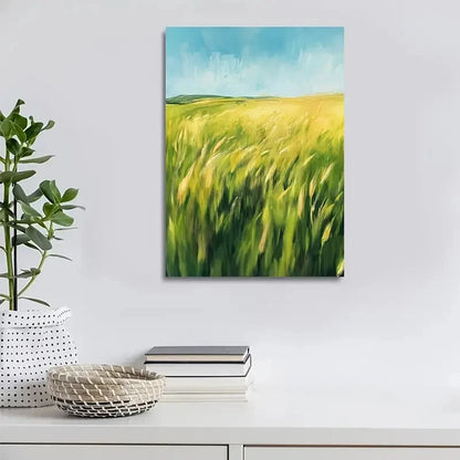 Wheat Field with Blue Sky & Clouds Painting 40x60cm Metal Print Ready to Hang