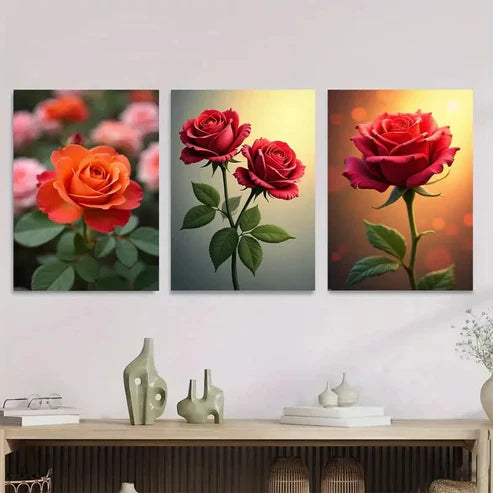 3pcs Vibrant Rose Flower Green Picture Wall Art Set Canvas Unframed - High Quality Print 100% Australian Made Wall Canvas